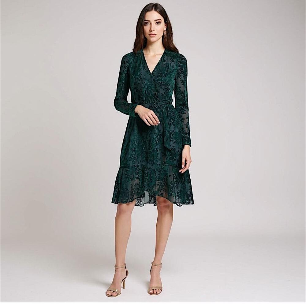 Tommy Hilfiger Velvet Green Wrap Dress Long Sleeve Size 2 Knee Length - Dk Green